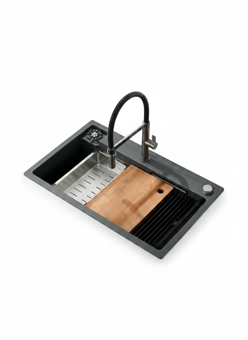 FREGADERO DE GRANITO PREMIUM 80CM CON GRIFO EXTRAÍBLE - INCLUYE TABLA Y ACCESORIOS - Image 3