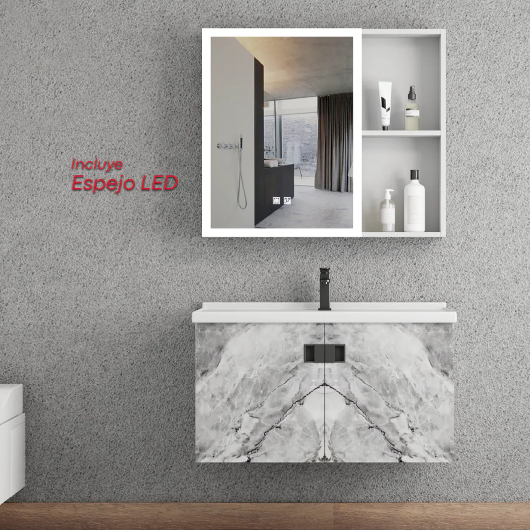 MUEBLE DE BAÑO + ESPEJO - ALUMINIO - BLANCO MARMOLEADO GRIS - 80X47X45CM - Image 2