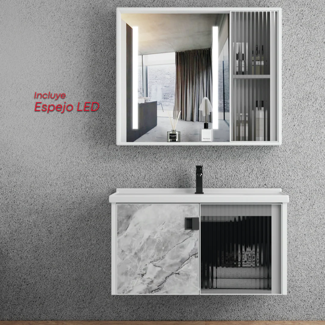 MUEBLE DE BAÑO + ESPEJO - ALUMINIO - BLANCO MARMOLEADO GRIS - ACRÍLICO - 80X47X45CM - Image 2