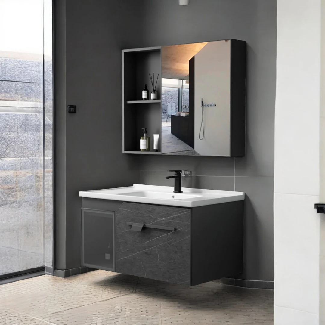 MUEBLE DE BAÑO + ESPEJO - ALUMINIO - GRIS MARMOLEADO - 80X47X45CM - Image 2